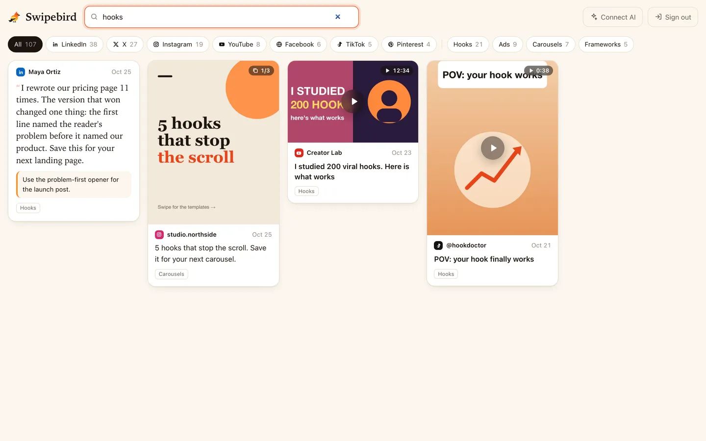 Swipebird web app searching saved posts for the word hooks, showing matching LinkedIn and X posts