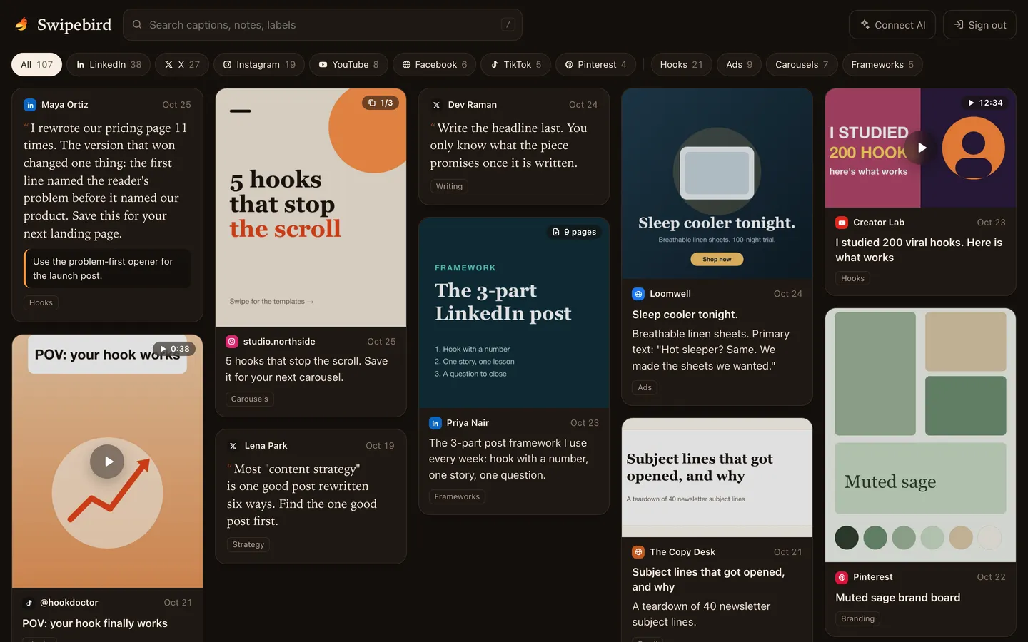 Swipebird web app in dark mode showing saved Instagram, LinkedIn and X posts in one grid