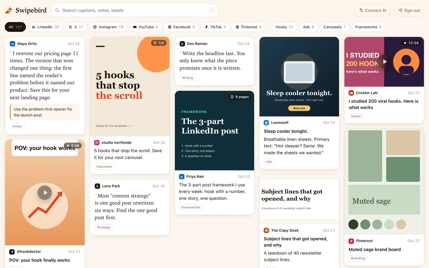Swipebird web app showing saved posts from X, LinkedIn and Instagram in one grid with platform filters